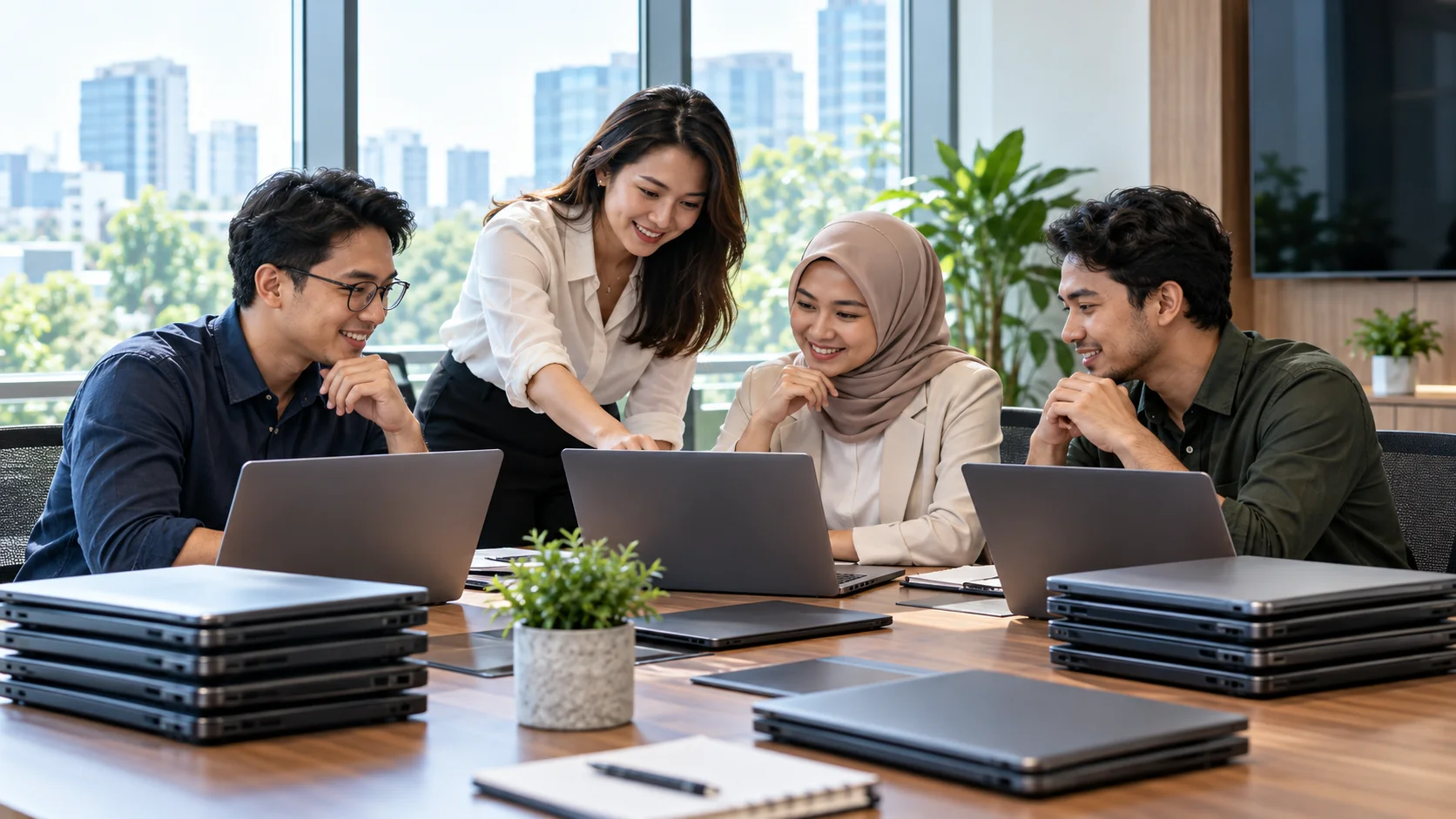 Tim kantor mengevaluasi laptop bekas dan borongan di meja kerja