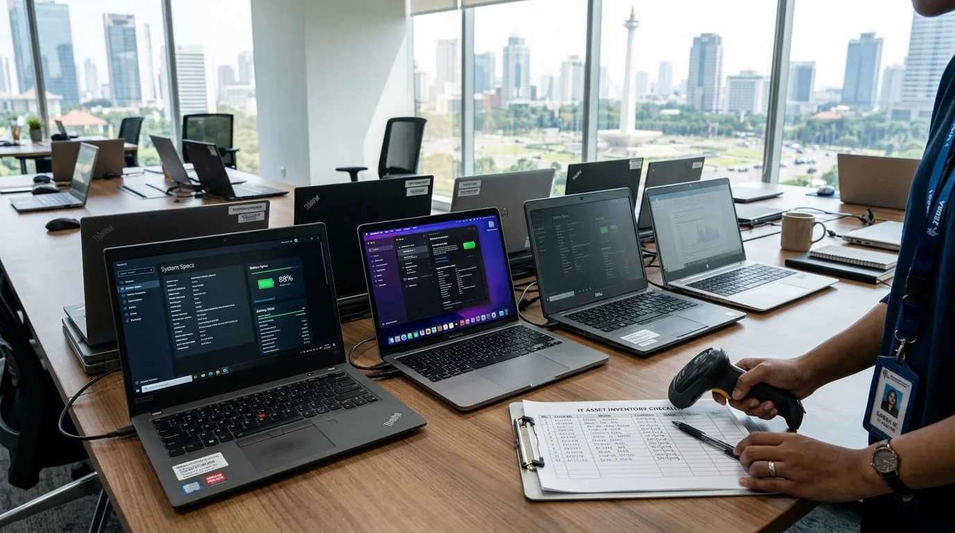 Proses evaluasi inventaris laptop borongan di meja rapat kantor
