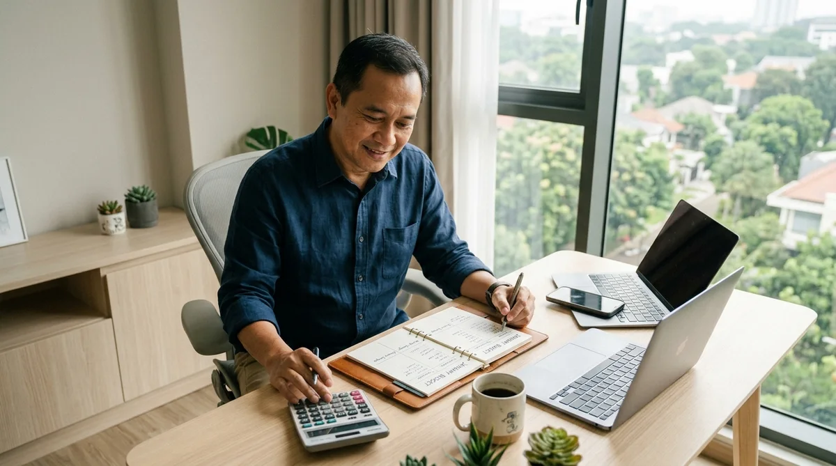 Profesional mengatur anggaran pengeluaran dengan laptop dan smartphone di meja kerja