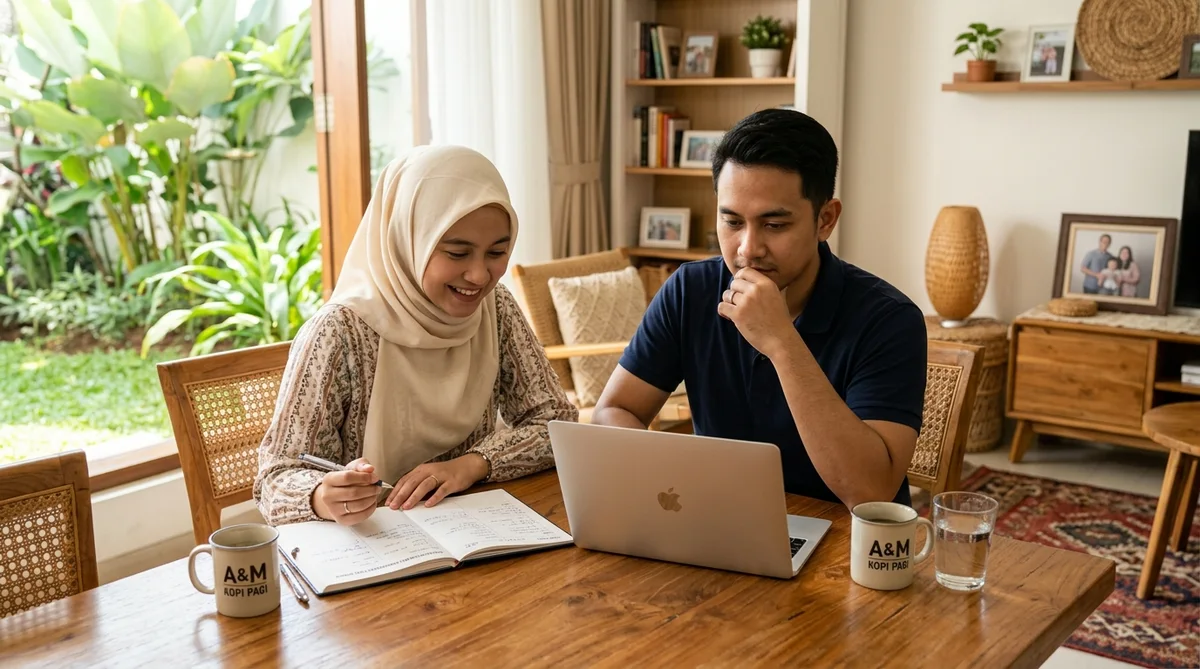 Keluarga muda melihat laptop yang jarang dipakai sambil mengatur kebutuhan keluarga dan pendidikan