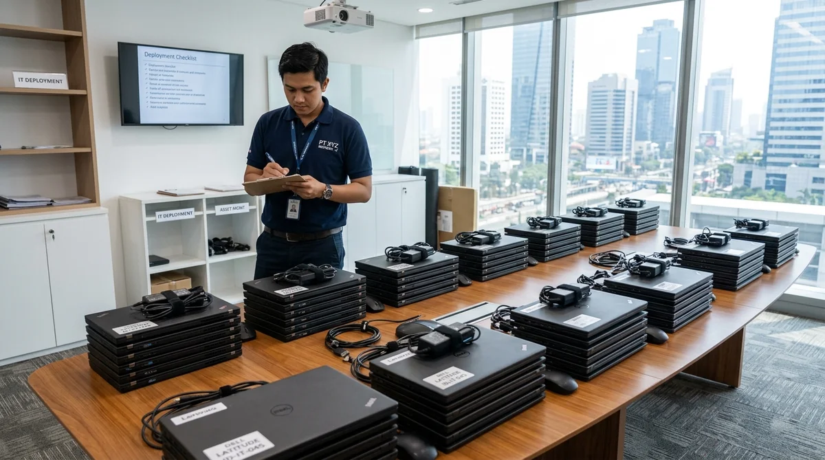 Inventaris laptop kantor yang sudah diganti tersusun rapi di ruang rapat