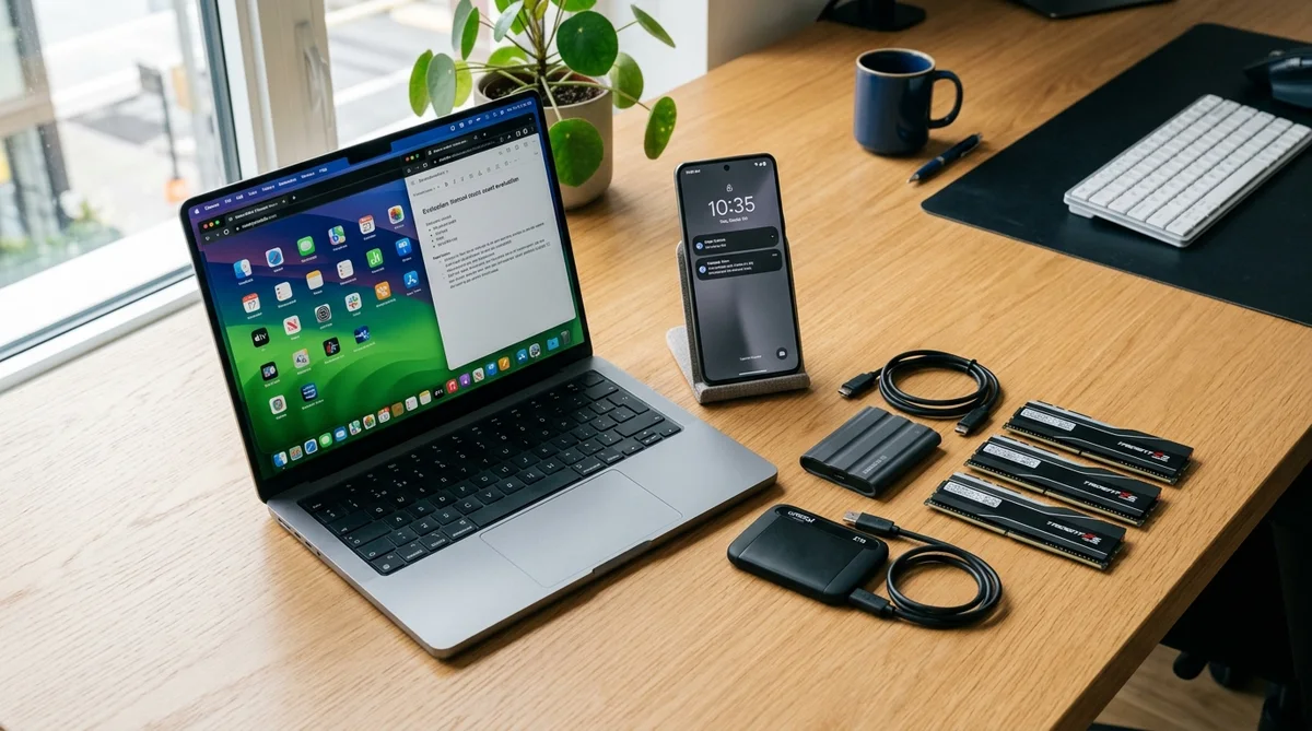 Laptop, smartphone flagship, SSD dan RAM yang tidak terpakai di atas meja kerja